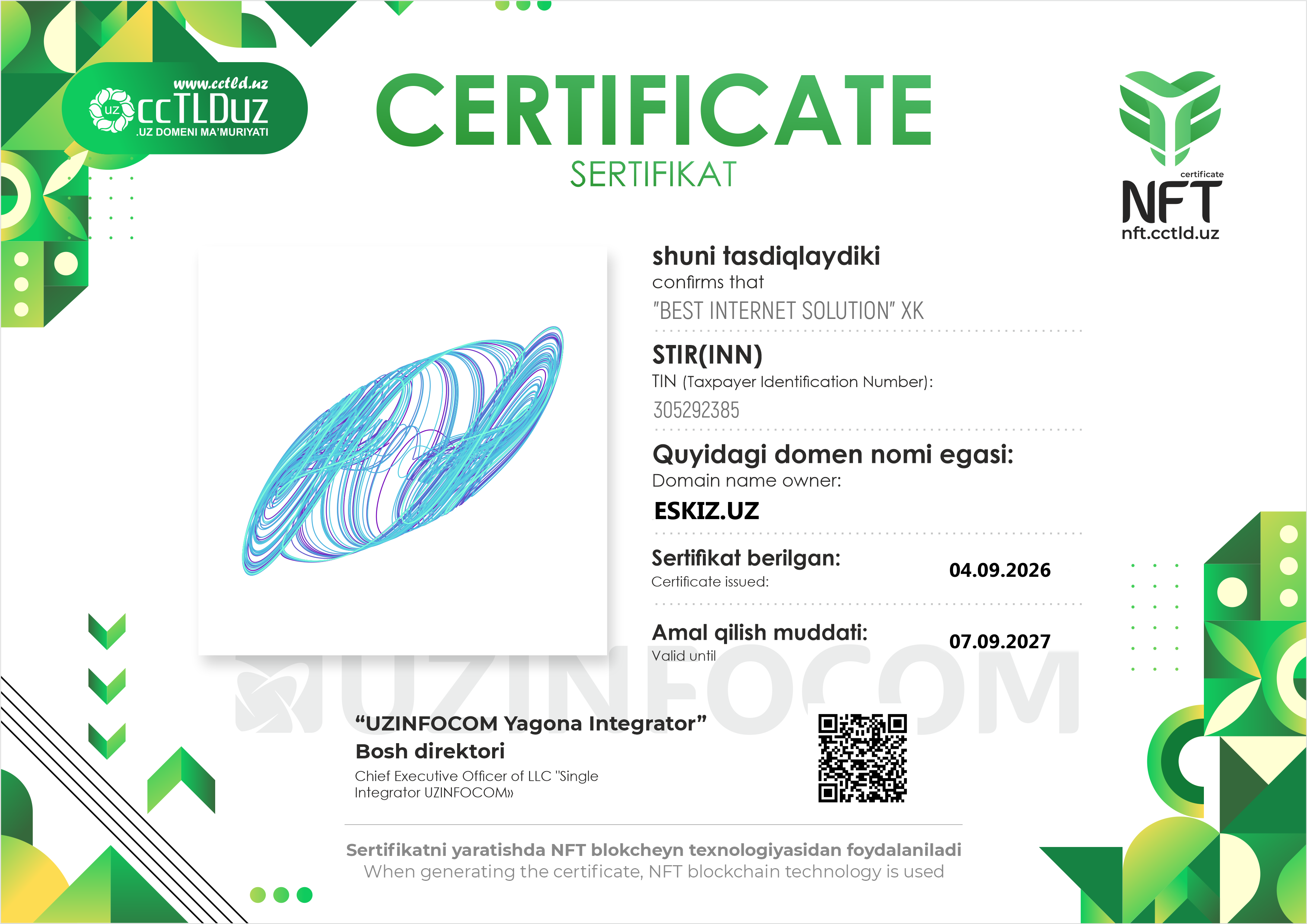 NFT-сертификат для домена .UZ от Eskiz IT Company